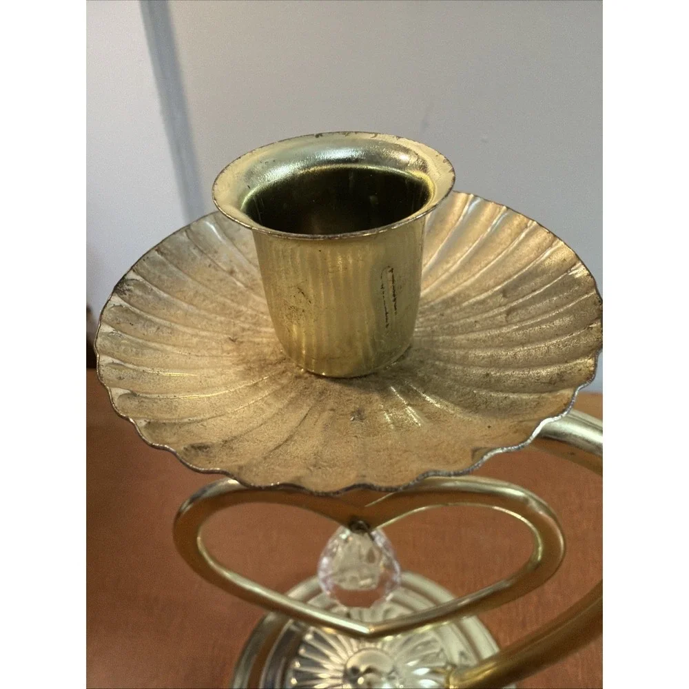 Vintage Brass Candle Holder Free Stand Or Wall Mounted Crystal Pendant 8